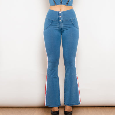 Shascullfites Melody Light Blue Striped Flared Lift Jeggings Button Up Butt Lift High Waist Flare Jeans Women Shaping Jeans
