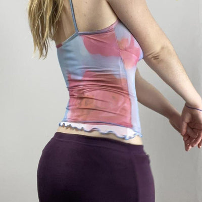 Tie-dye Printing Mesh See-through Camisole Hot Girl Backless Bottoming Shirt Top