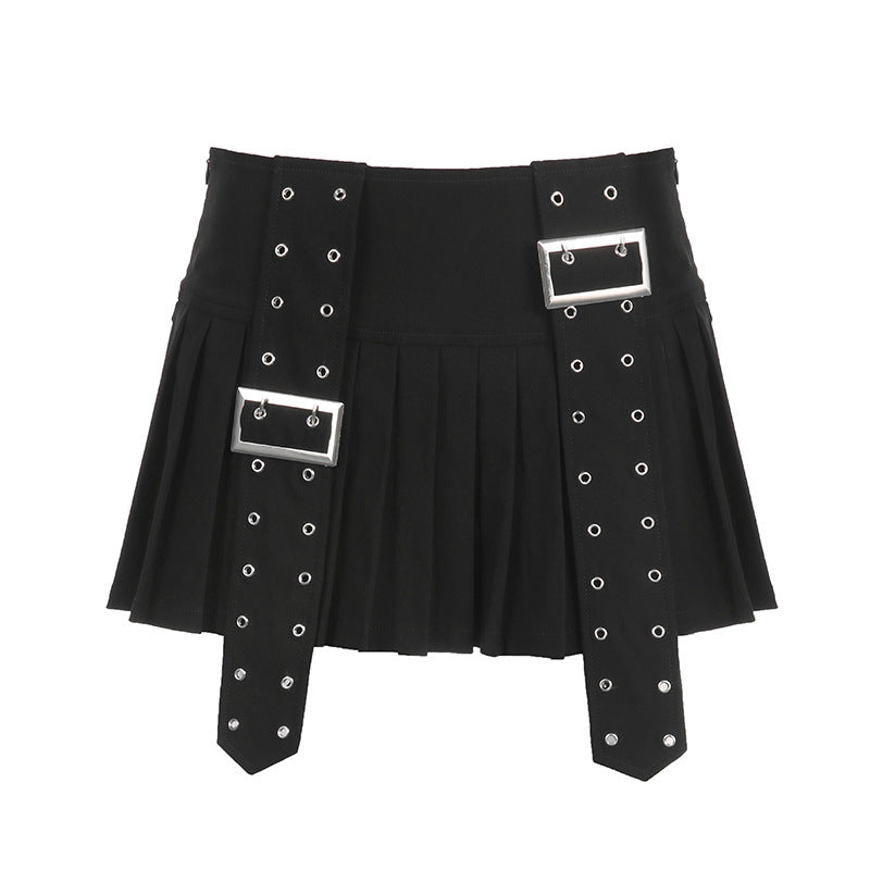 American Heavy Industry Design Pleated Skirt Japanese Buckle Stitching Low Waist A- Line Style