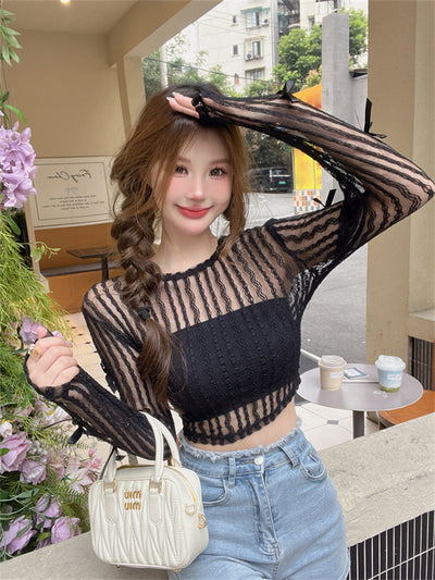 N11  Pure Desire Sexy round Neck Hollow Bow Pullover Long Sleeve Sun Protection T-shirt Women