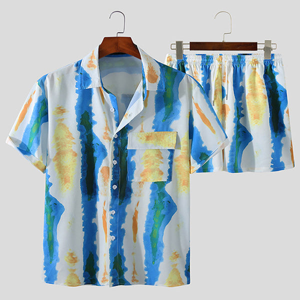 Men's Casual Beachwear Stripe Print Set