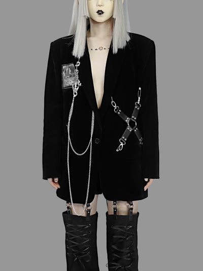 Gothic Style Dark Black Velvet Woolen Shoulder Pad Blazer Women