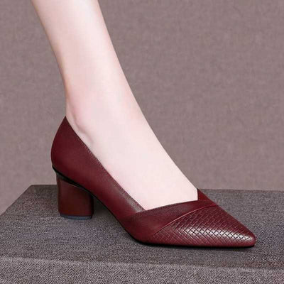 Genuine Leather Thick Heel Single Shoes Women Mid-heel Pointed Toe Women's Shoes Pumps Double Brown