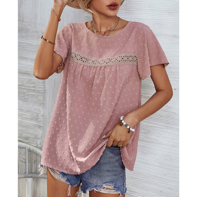 Short Sleeve Summer Tops Blouse Solid Color Lace Babydoll Shirts