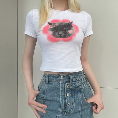 Sweet Cute Cat Print Cartoon Spice Short Sleeve T-shirt 2023 Summer New Basic White Simple Top