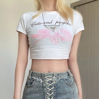 Tight Spicy Girl Letter Rose Print Short T-shirt