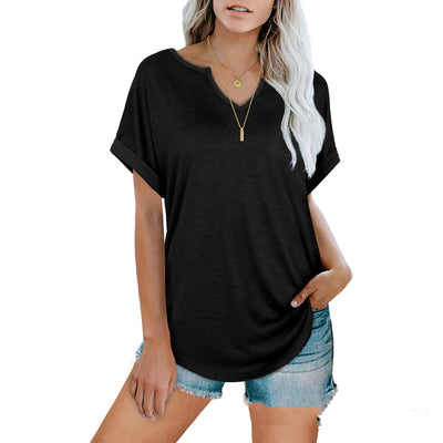 Solid Color V-neck Short-sleeved T-shirt Top Women's Clothing