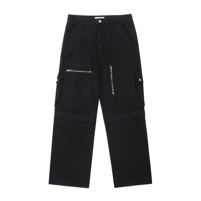 Multi-pocket Workwear Style Washed Jeans Loose Wide Leg Zipper Straight Pants For Men And Women
