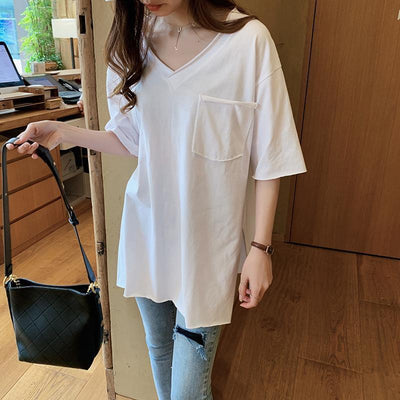 Summer V-neck Short Sleeve T-shirt Women's Loose Large Medium Length Shirt