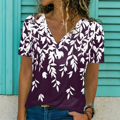 Printed Short Sleeved V-neck Loose Fitting Women's Style