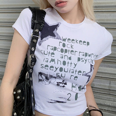 Street Graffiti Letters Stars Printed Round Neck Slim Tops Spicy Girls Are Shoulder Thin Simple T-shirt Female