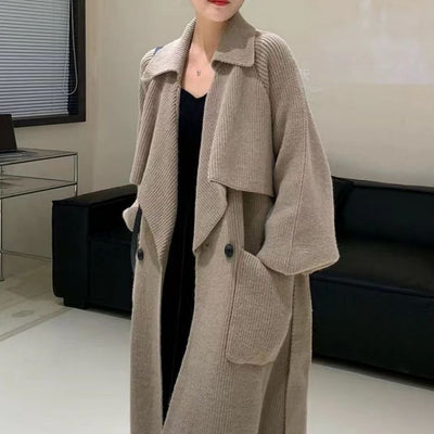Autumn And Winter New Elegant Belt Knitted Trench Coat For Women