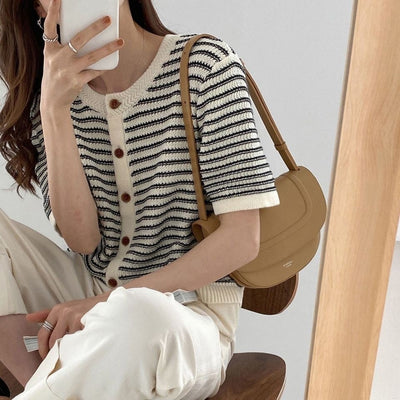 Women's Short-sleeved Striped Knitted Cardigan T-shirt Design Sense