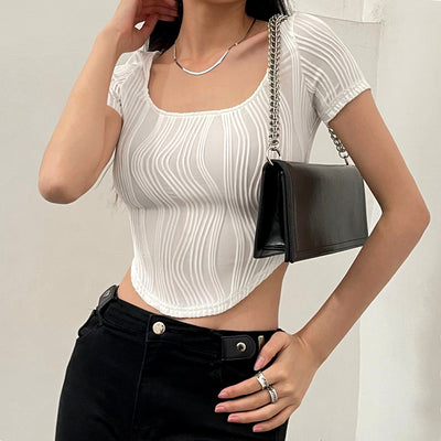 Fashion Trend Street Style U-neck Irregular Stripe Short Sleeved T-shirt Top