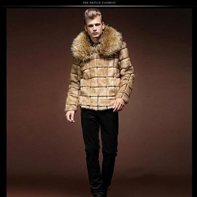 KaLeB Mens Luxury Faux Fox Fur Winter Big Fur Collar Slim Fit Short Thick Coat Casual Jacket Hip Length Parka Outwear Overcoat