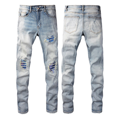 High Street Light Blue Broken Hole Colorful Gradient Patch Slim Elastic Ripped Tight Trousers