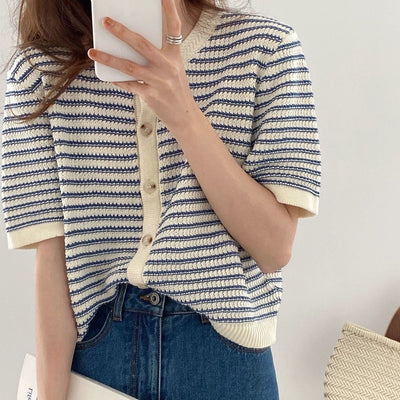 Women's Short-sleeved Striped Knitted Cardigan T-shirt Design Sense