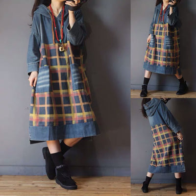 Spring And Autumn New Retro Hooded Plaid Blocks Mid-length Denim Dress For Women Versatile Casual Loose Plus Size