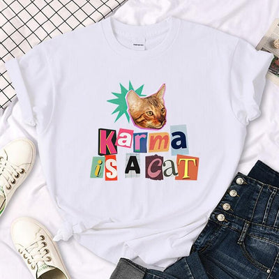 European And American Karma Is A Cat Shirt Printed Casual Round Neck Short Sleeves