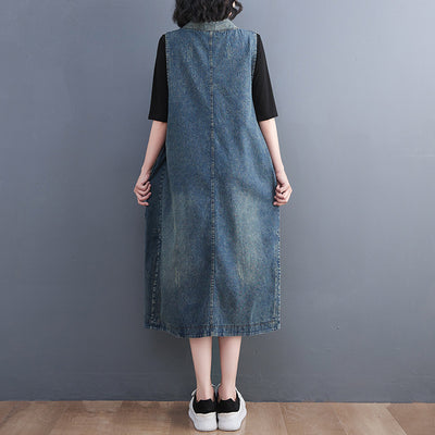 Vintage Diagonal Placket Lace Up Medium Length Denim Waistcoat Camisole Dress For Women
