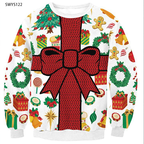 Spring Christmas Digital Printing Sweater Round Neck Long Sleeve Top Couple Dress