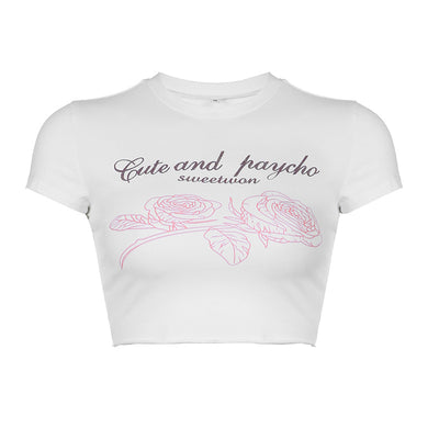 Tight Spicy Girl Letter Rose Print Short T-shirt