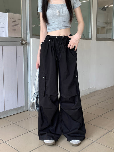 N16 New High Street Drawstring Loose Design Trousers Straight White Overalls for Women
