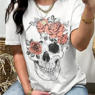 European And American Skull-shaped White Flower Digital Printing Casual Round Neck Short Sleeves T-shirt