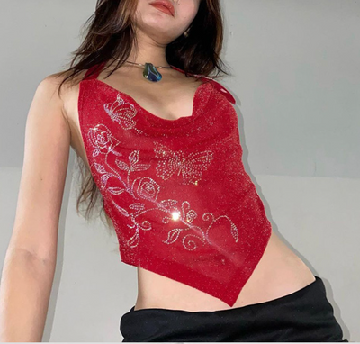 Street Wind Europe And The United States Women's Red With Diamonds Sexy Slim Undershirt Hot Girls Inside Irregular Short Hanging Neck Suspenders