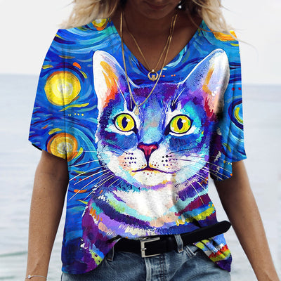 Neck Women's T-shirts Cute Cats Graphics Print Short Sl