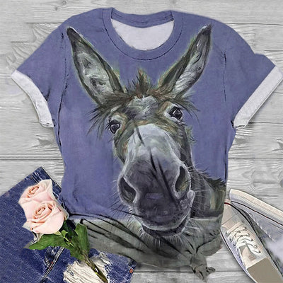 Donkey Head Printed Round Neck Short Sleeve Women's T-shirt