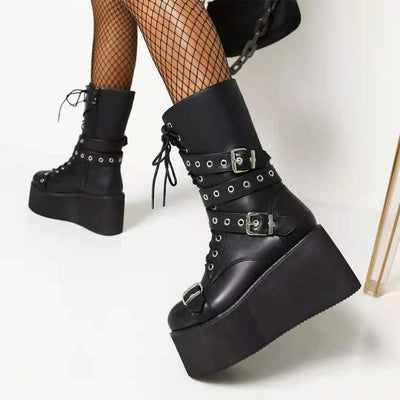 Autumn And Winter Buckled Wedge Platform Short Boots