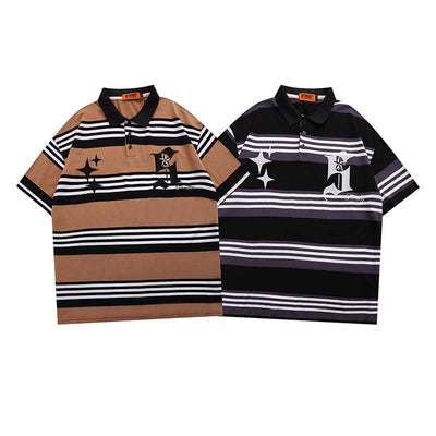 New Letter Embroidered Striped Lapel Short Sleeve POLO Shirt For Men