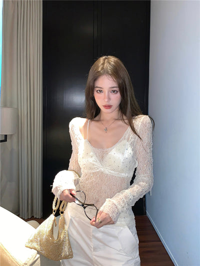 N9 Exquisite Rhinestone Hollow-out U-Neck Long-Sleeved Lace T-shirt Women's Summer Niche Inner Wear Hot Girl Slim-Fit See-through White Top