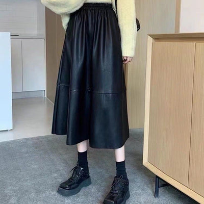 Leather Skirt Women's Mid-length A- Line High Waist Skirt