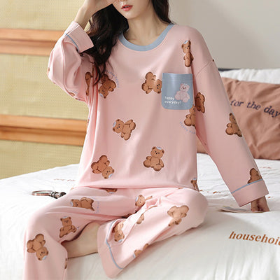 Loose Print Pajamas Women Autumn Winter Pyjama Set Long Sleeves And Trousers Elegant Sleepwear Girl Loungewear Home Clothes