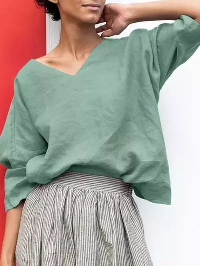 Women's Sleeve Cotton Linen V-Neck T-Shirt