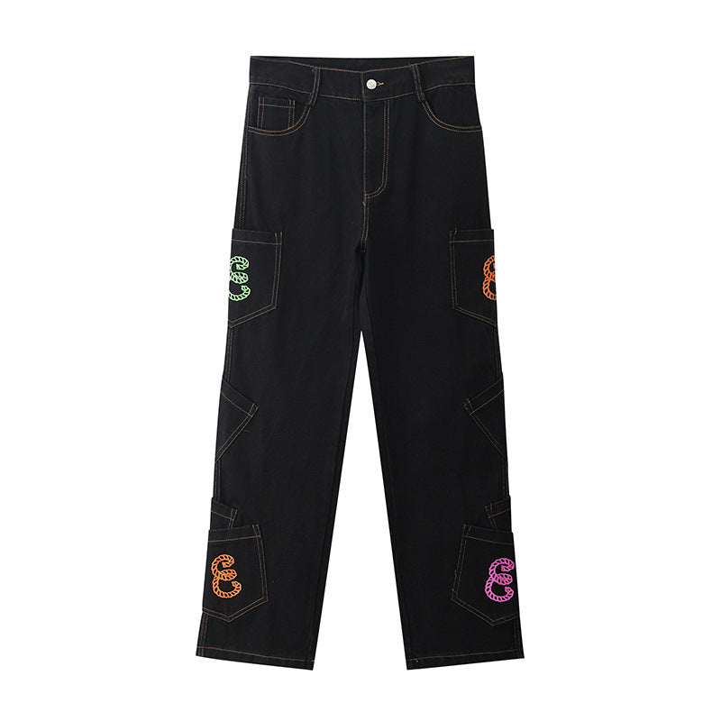 Letter Embroidery Personality All-match Black Jeans Men And Women Loose Wide-leg Pants Hip-hop Mopping Pants Trousers