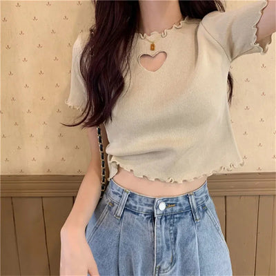 Short Hollow Out Love T-shirt With Wooden Ear Edge Top