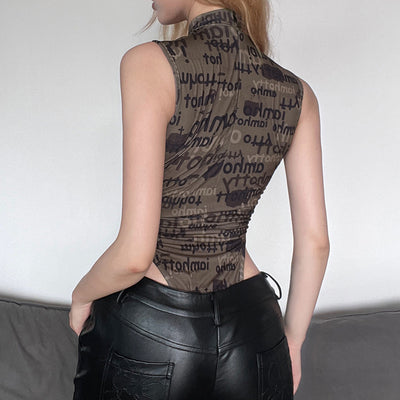 Retro Wind Old Newspaper Letters Printed Sleeveless Thin Jumpsuit Street Hot Girl Slim Bottoming Tank Top