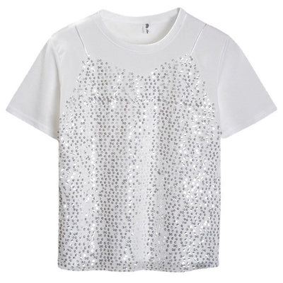 Sequined Korean-style Short-sleeved T-shirt False Two-piece Patchwork Loose All-matching Top