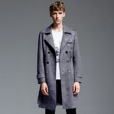 Double Breasted Suede Trench Coat For Men Mid-length Coat Plus Size