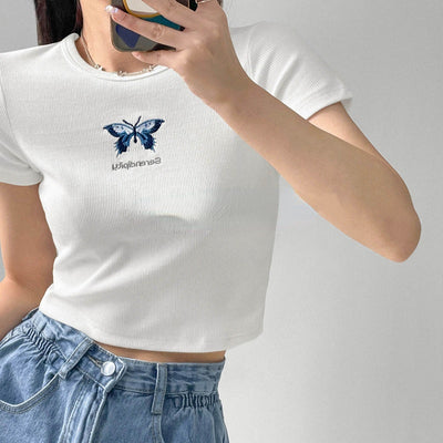 Round Neck Tight Chest Butterfly Embroidery High Waisted Short T-shirt For Women