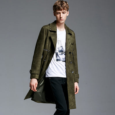 Double Breasted Suede Trench Coat For Men Mid-length Coat Plus Size