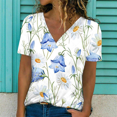 Flowers Print T-Shirt Casual Short Sleeve V-Neck Pullover Tops Women