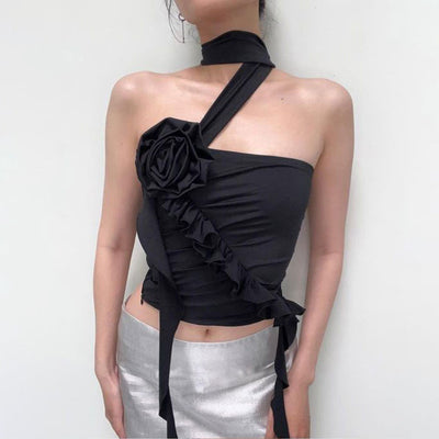 Women's Niche Fashion Three-dimensional Floral Design Irregular One-neck Hanging Neck Straps Pure Desire Temperament Skinny Brassiere