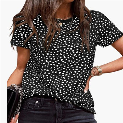 Leopard Dot Short Sleeved Round Neck Pullover Loose And Casual