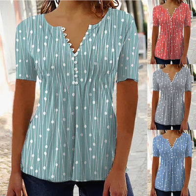 Women's Summer V-collar Polka Dot Short-sleeved Shirt