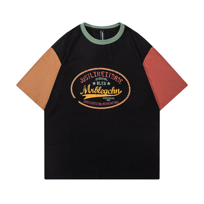 Color Blocking Pattern Retro Round Neck Loose Fitting Short Sleeved T-shirt