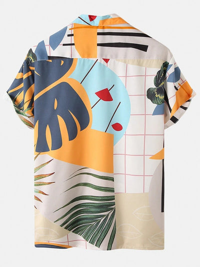 Men's Casual Loose Beachwear Leaf Print Short Sleeve Suit
